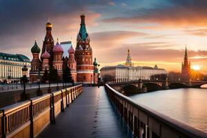 a kremlin e a Moscou rio às pôr do sol. gerado por IA foto