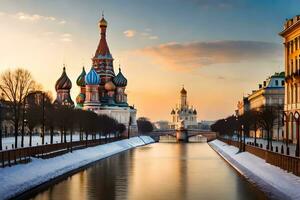 Moscou, Rússia, inverno, pôr do sol, kremlin, rio, kremlin, mais. gerado por IA foto