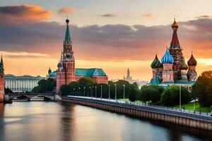 a kremlin e a Moscou rio às pôr do sol. gerado por IA foto