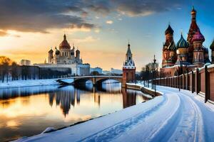 a kremlin e a rio Moscou às pôr do sol. gerado por IA foto