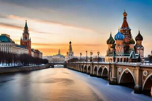 a kremlin e a Moscou rio às pôr do sol. gerado por IA foto