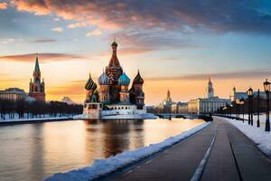 a kremlin e a Moscou rio às pôr do sol. gerado por IA foto