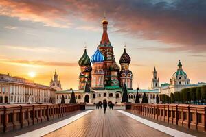 a kremlin e a catedral do santo manjericão às pôr do sol. gerado por IA foto