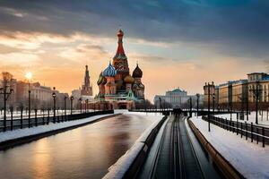 a kremlin e a vermelho quadrado dentro inverno. gerado por IA foto