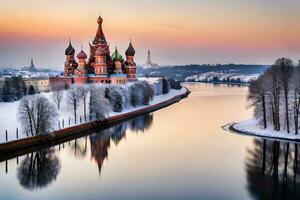 a kremlin e a rio Moscou às pôr do sol. gerado por IA foto