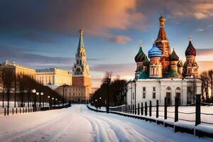 a kremlin e a vermelho quadrado dentro inverno. gerado por IA foto