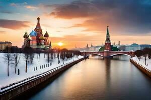 a kremlin e a Moscou rio às pôr do sol. gerado por IA foto