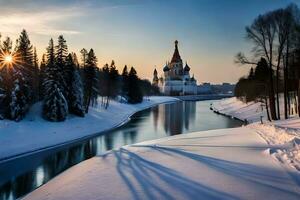 a Sol sobe sobre a rio e a kremlin. gerado por IA foto