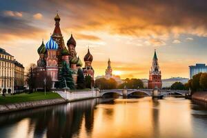 a kremlin e a Moscou rio às pôr do sol. gerado por IA foto