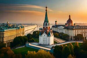 a Visão do a cidade do Moscou às pôr do sol. gerado por IA foto