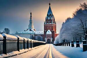 a kremlin dentro inverno com uma Igreja dentro a fundo. gerado por IA foto