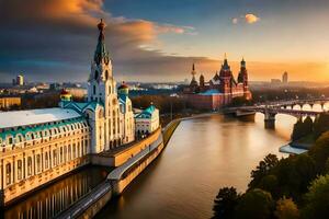 a kremlin e Moscou rio às pôr do sol. gerado por IA foto