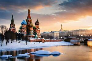 a kremlin e a rio Moscou às pôr do sol. gerado por IA foto