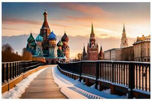 a kremlin e a vermelho quadrado dentro inverno. gerado por IA foto