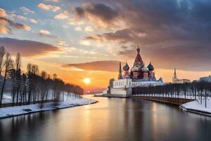 a Sol conjuntos sobre a Moscou rio e a kremlin. gerado por IA foto