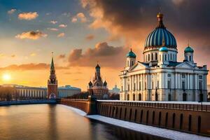 a kremlin e a rio às pôr do sol. gerado por IA foto