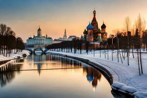 a kremlin e a Moscou rio às pôr do sol. gerado por IA foto