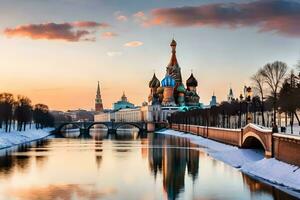 a kremlin e a rio Moscou às pôr do sol. gerado por IA foto