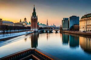 a kremlin e a rio Moscou às pôr do sol. gerado por IA foto