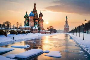 a kremlin e a vermelho quadrado dentro inverno. gerado por IA foto