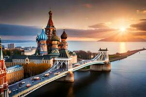 a Sol sobe sobre a Moscou rio e a kremlin. gerado por IA foto