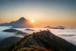 a Sol sobe sobre a montanhas dentro isto foto. gerado por IA foto