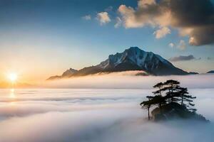 uma solitário árvore dentro a névoa em topo do uma montanha. gerado por IA foto