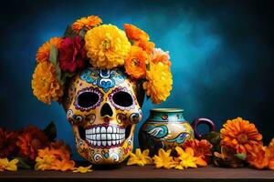 dia do a morto, dia de los muertos celebração fundo com açúcar crânio, calaverita, malmequeres flores, ai gerado foto