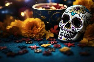 dia de los muertos celebração fundo com açúcar crânio, malmequeres flores, ai gerado foto