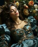 uma mulher vestido dentro uma à moda azul vestir adornado com delicado rosas mentiras pacificamente dentro de casa, uma lindo e cativante visão, ai generativo foto