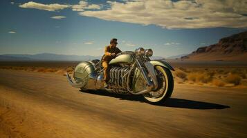 a Sol cintilante fora dele motocicleta, ele correu através a deserto, sentindo-me a liberdade do a aberto estrada e a vento dentro dele face, ai generativo foto