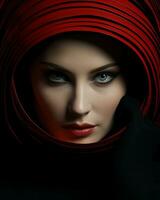 uma mulher com uma vermelho cachecol por aí dela cabeça, ai generativo foto