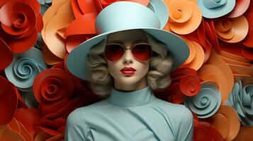 uma mulher com uma vibrante adornado com flores chapéu e à moda oculos de sol irradia uma misterioso aura do confiança e fascínio, ai generativo foto