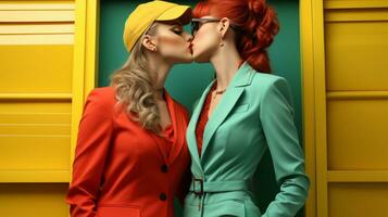 dois lindo mulheres ficar de pé dentro a ao ar livre contexto, seus vermelho e amarelo roupas e cabelo acessórios contrastante contra a branco parede Como elas apaixonadamente beijo cada outro, ai generativo foto
