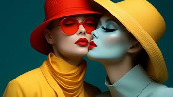 dois à moda mulheres, vestindo elegante chapéus e vermelho copos, exalar confiança e equilíbrio com brilhante batom acentuando seus lábios, ai generativo foto
