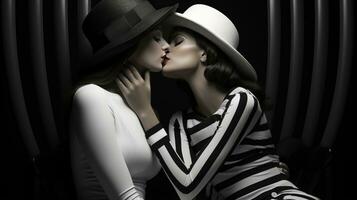 dois jovem mulheres vestindo elegante fedoras abraço dentro uma apaixonado beijo, simbolizando uma vinculo do amor e amizade, ai generativo foto