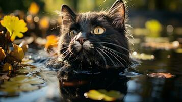 em uma fresco outono dia, a ao ar livre gato nada através a ainda água, Está reflexão cintilante dentro a Sol Como Está bigodes dança dentro a vento, ai generativo foto