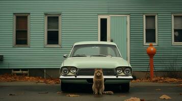 uma gato sentado dentro frente do uma carro, ai generativo foto