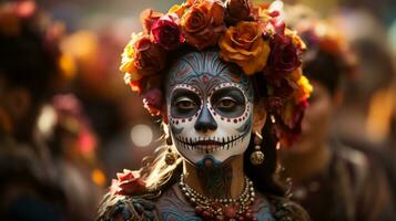 às uma festival, uma mulher vestindo uma colorida mascarar do face pintura e flores dentro dela cabelo incorpora uma misturar do Horror e alegria dentro dela vibrante, selvagem roupas, ai generativo foto