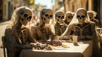 lado de fora dentro uma enluarada limpeza, uma grupo do esqueletos estão colhido por aí uma mesa no topo uma monte do ossos, seus iluminado crânios cintilante dentro a noite, ai generativo foto