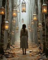 uma mulher carrinhos dentro a meio do uma inverno floresta, iluminado de a rua lâmpadas suspensão a partir de a galhos acima, dela roupas farfalhar dentro a fresco noite ar, ai generativo foto