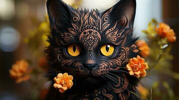 uma pernicioso Preto gato com uma delicado flor tatuagem em Está face olhares fixos ousadamente para dentro a desconhecido, incorporando a selvagem espírito do a felidae animal reino, ai generativo foto