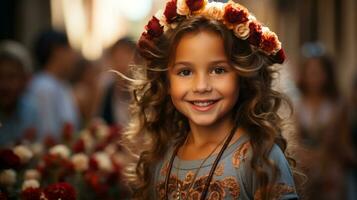 uma jovem mulher com uma vibrante flor coroa carrinhos alegremente dentro de casa ou ao ar livre, dela radiante sorrir iluminação acima a sala, ai generativo foto