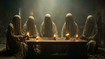 uma solene grupo do encoberto figuras cercar uma tremeluzente altar adornado com uma misterioso estátua, seus olhares fixos banhado dentro a suave luz do velas, ai generativo foto