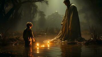 em uma nebuloso noite, uma homem e uma criança ficou silenciosamente dentro a meio do uma rio, iluminado de a luz do seus tremeluzente velas, uma surreal momento do Paz no meio a selvagem ao ar livre, ai generativo foto