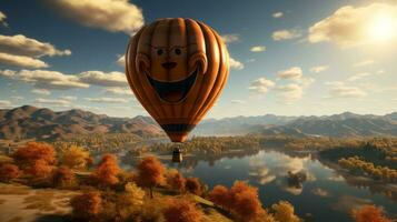 uma quente ar balão com uma face em isto dentro montanha picos e lago, ai generativo foto