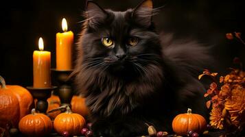 em uma assustador dia das Bruxas noite, a estranho Preto gato senta entre uma brilhando exibição do abóboras e velas, uma mágico combinação do animal, vegetal, e interior luz, ai generativo foto