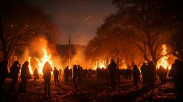 uma hipnotizante grupo do pessoas ficar de pé debaixo uma noite céu iluminado de a laranja chamas do uma rugindo fogueira, revelação dentro a calor do a momento e a brilho do a incêndios selvagem beleza, ai generativo foto