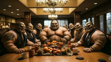 uma grupo do ampla homens às uma mesa comendo rolos e abóboras, uma estilo japonês sala, ai generativo foto