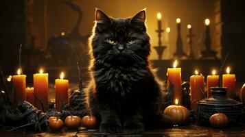 uma Preto gato senta silenciosamente dentro a tremeluzente luz de velas, Está curioso olhar acenando nos para dentro uma aconchegante, misterioso mundo do abóboras e macio, caloroso pelagem, ai generativo foto